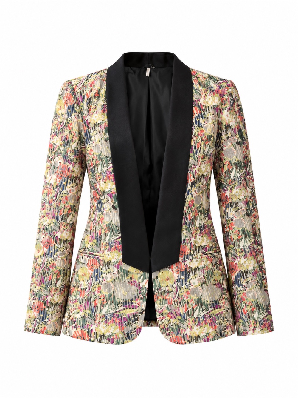 Petticoat Alley Floral Multicolor Blazer with Black Satin Shawl Collar